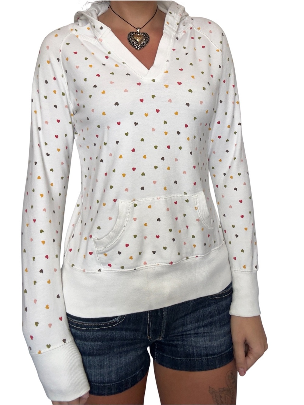 Y2K Women’s Heart-Print Hooded Pullover Sweatshirt - White